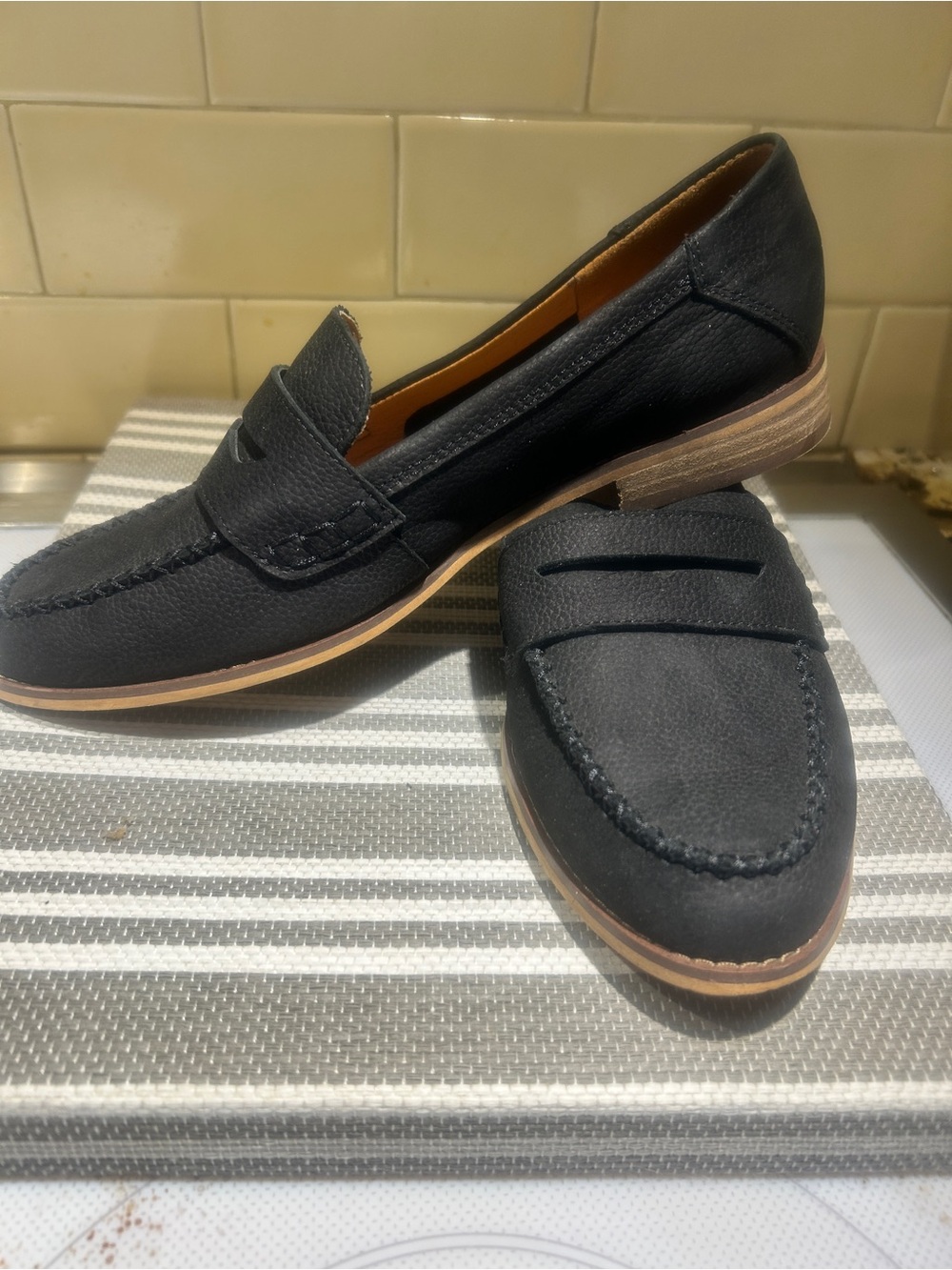 Lucky Brand Black Penny Loafers with Tan Stacked Sole